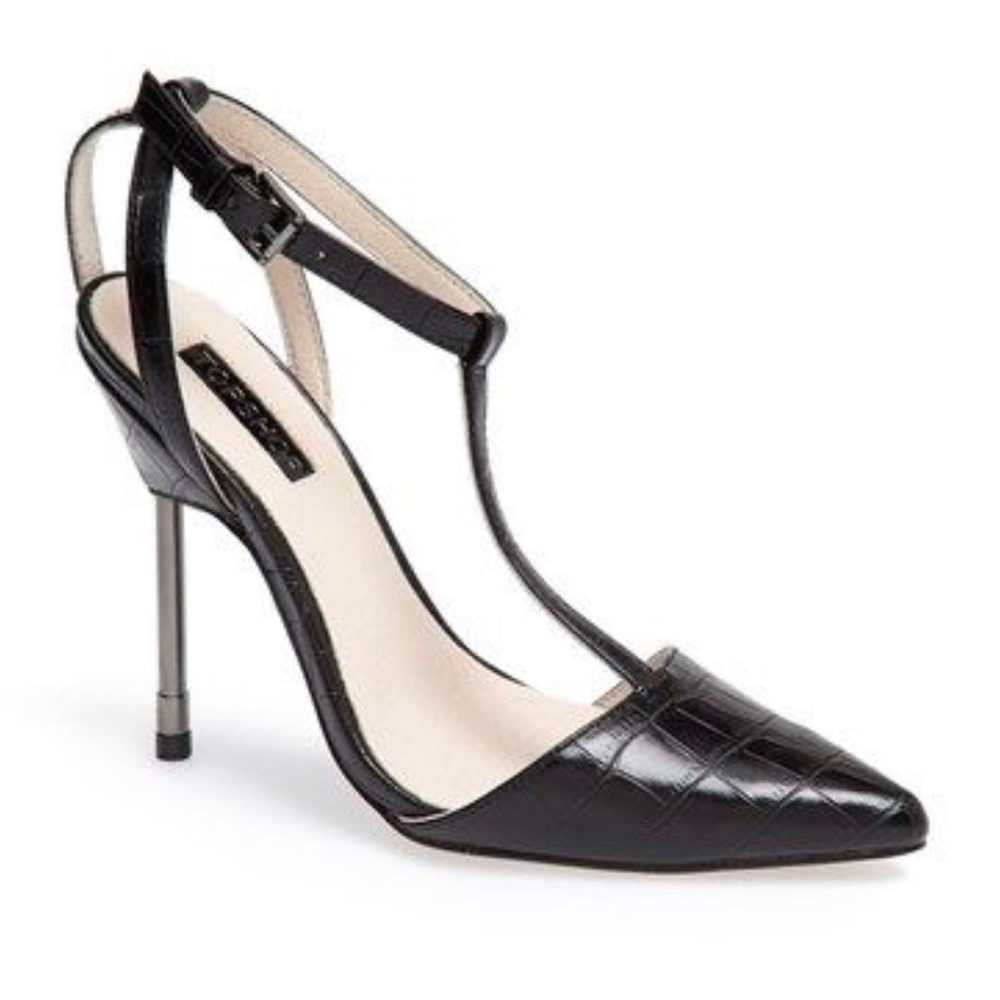 TopShop Ghost Croc Pointed Toe T-Strap Heels